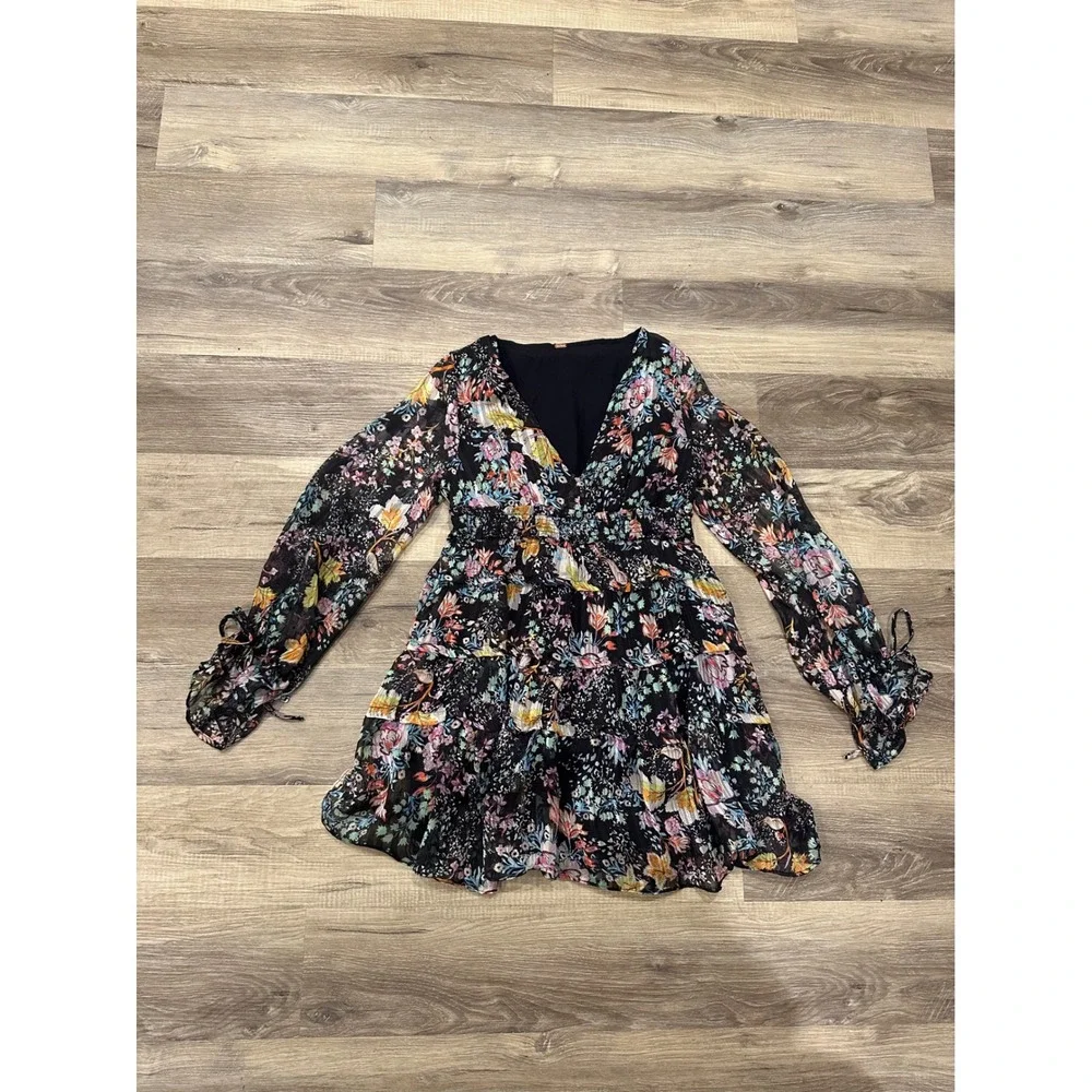 Free People Closer to the Heart Floral Chiffon Mini Dress Black Multi size XS - Picture 3 of 11